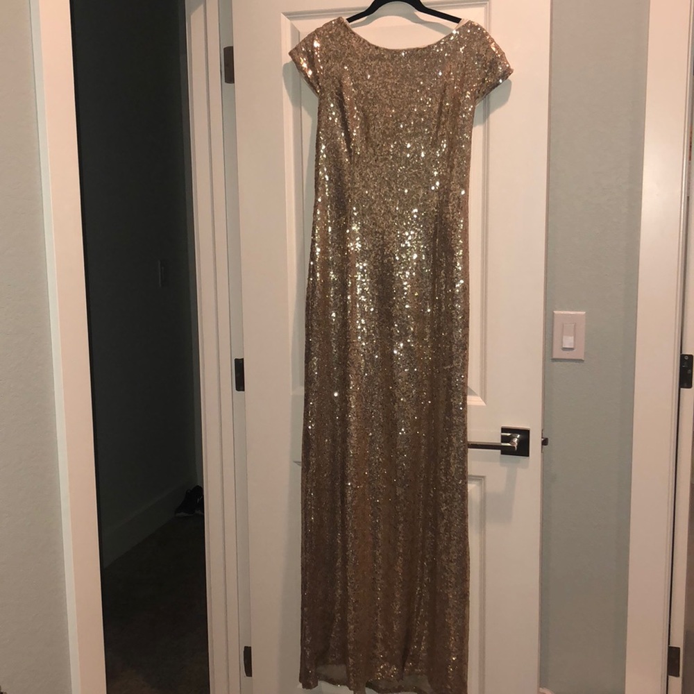 Long Gold Sequin Scoop Back Dress
